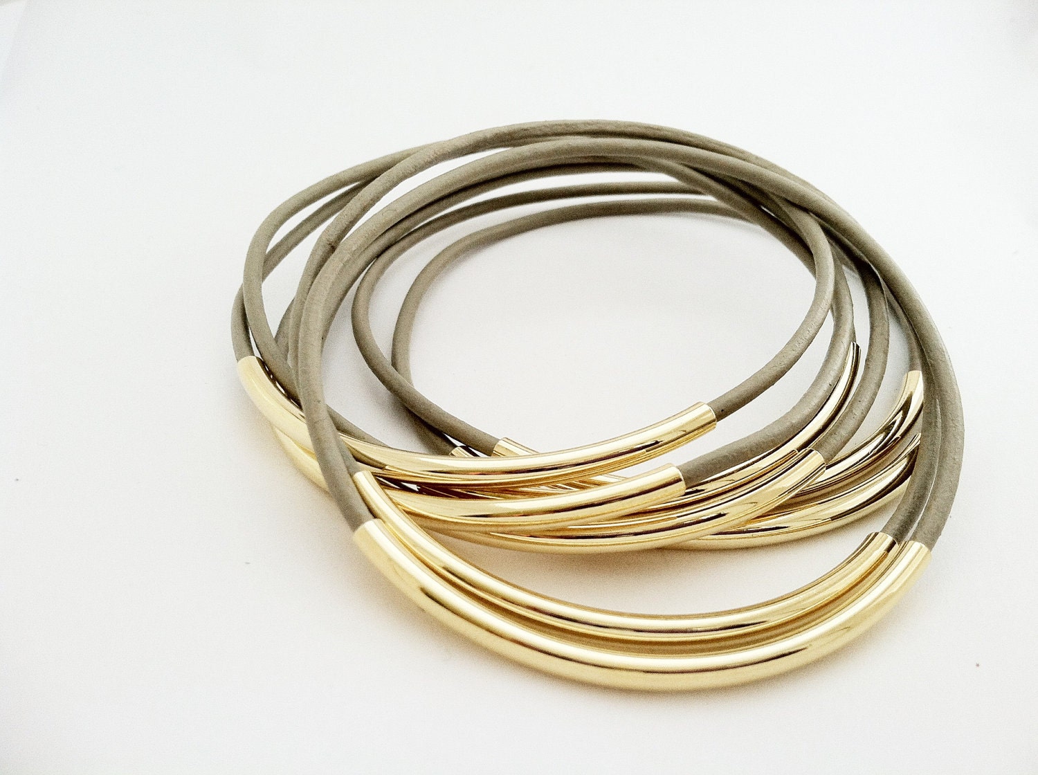 Taupe Leather Bangles with Gold or Silver Tubes
