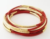 Red Leather Bangle Bracelets with Double Gold or Silver Tube Accents