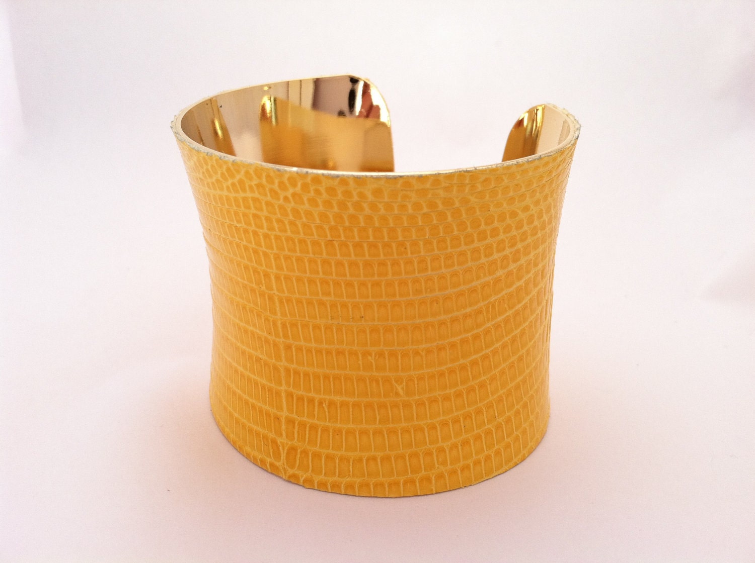 NEW Yellow  Lizard Leather Cuff Braclet- Gold