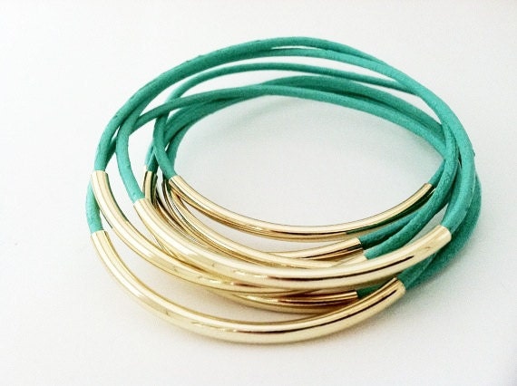 Mint Leather Bangle Bracelets with Silver or Gold tubes