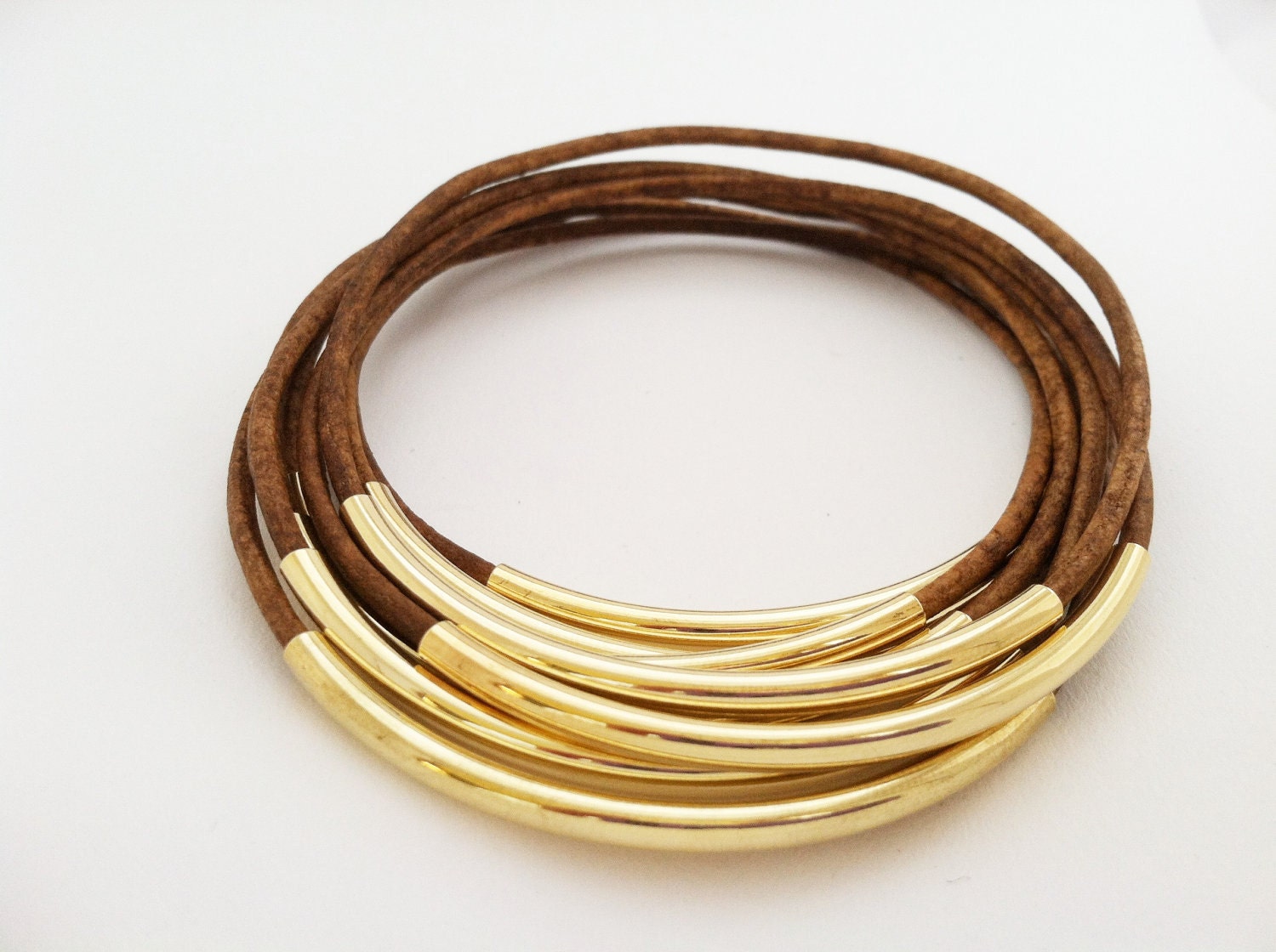 Light Brown Leather Bangles with Gold or Silver Tube Accents