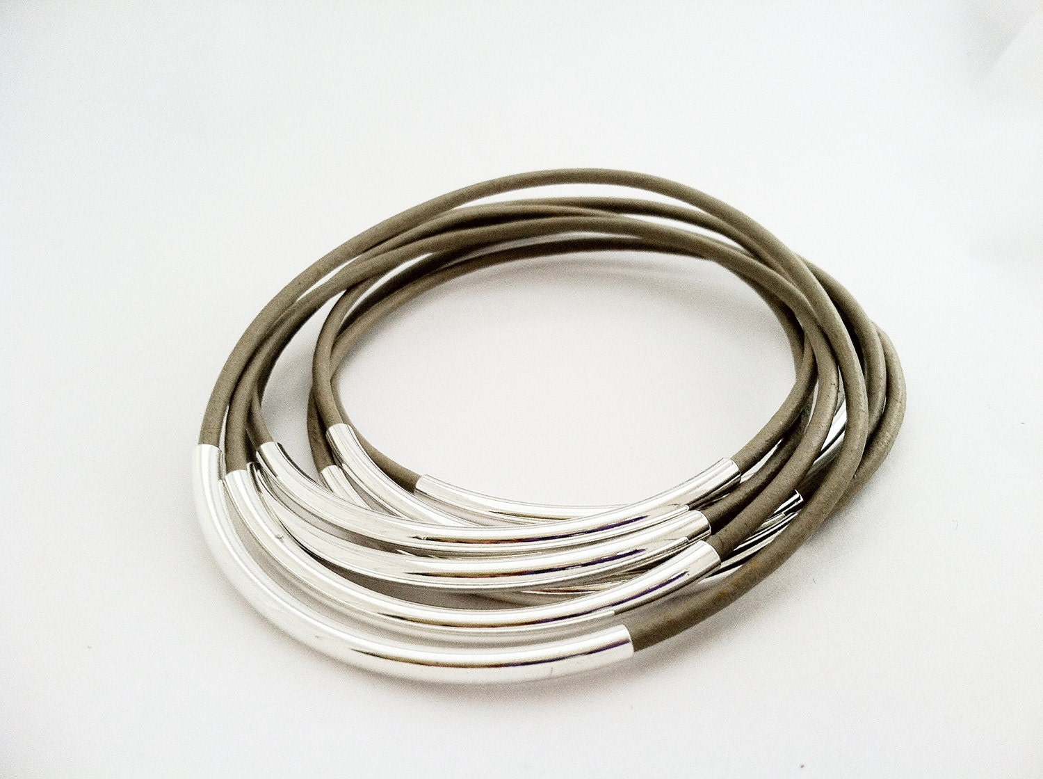 Taupe Leather Bangles with Gold or Silver Tubes