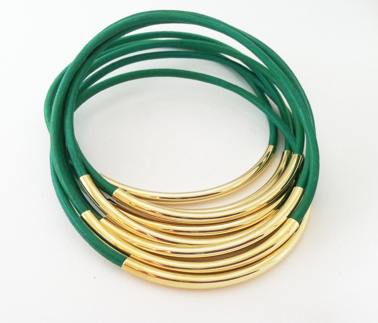EMERALD Green Leather Bangle Bracelets with Gold or Silver Tube Accents