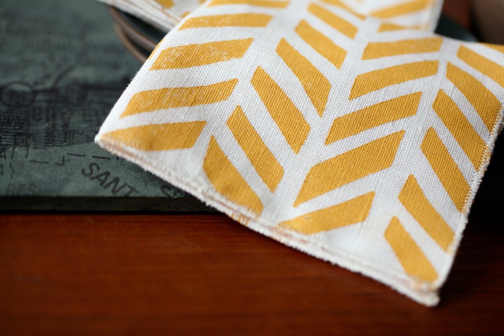 Linen Cocktail Napkins - Four Feathers in Maize on Ivory Linen (set of 4)
