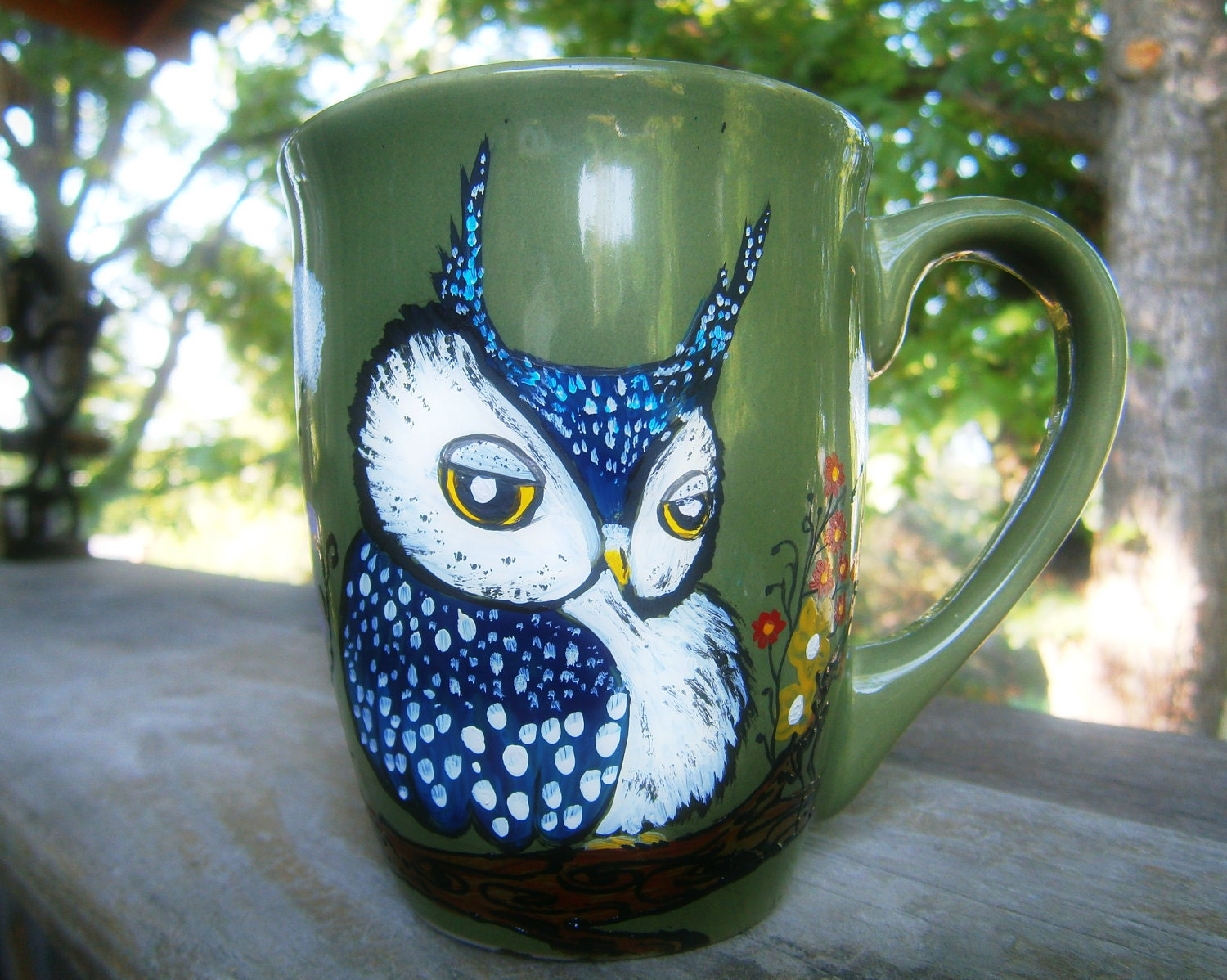 Green Owl - Blue Owl - Handpainted Mug