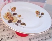 Cupcake Stand Beatrice Dessert Pedestal Upcycled Vintage Kitchen Jewelry Holder Hostess Gift Red Brown Roses Flowers Regency English