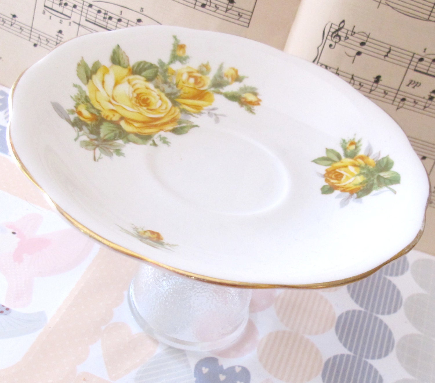 Vera Cupcake Stand. Dessert Pedestal Jewelry Holder. Upcycled Vintage. Yellow Roses Kitchen Party Hostess Gift Repurposed Royal Mayfair
