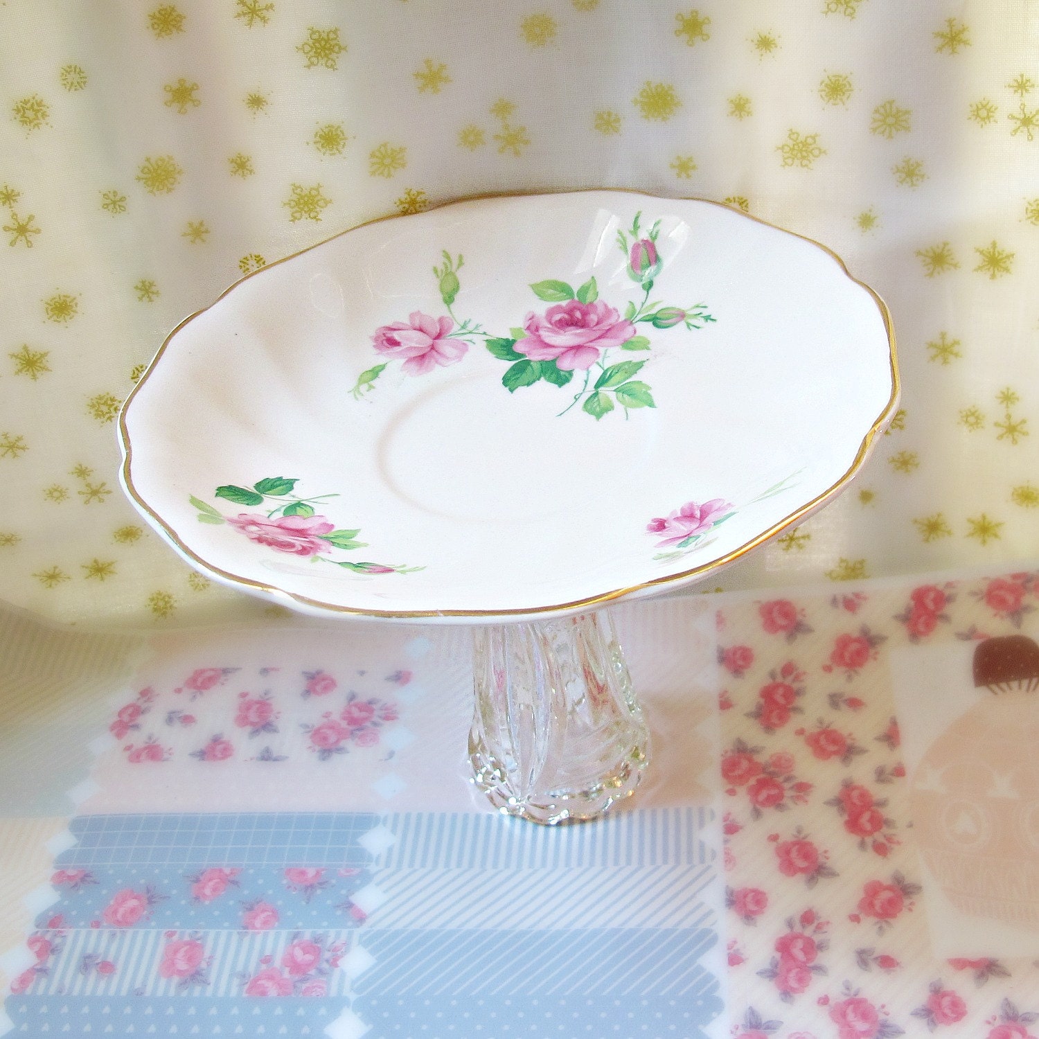 Ariadne Cupcake Stand Dessert Pedestal Jewelry Holder Upcycled Vintage Pink Roses. Old Chelsea Johnson Bros
