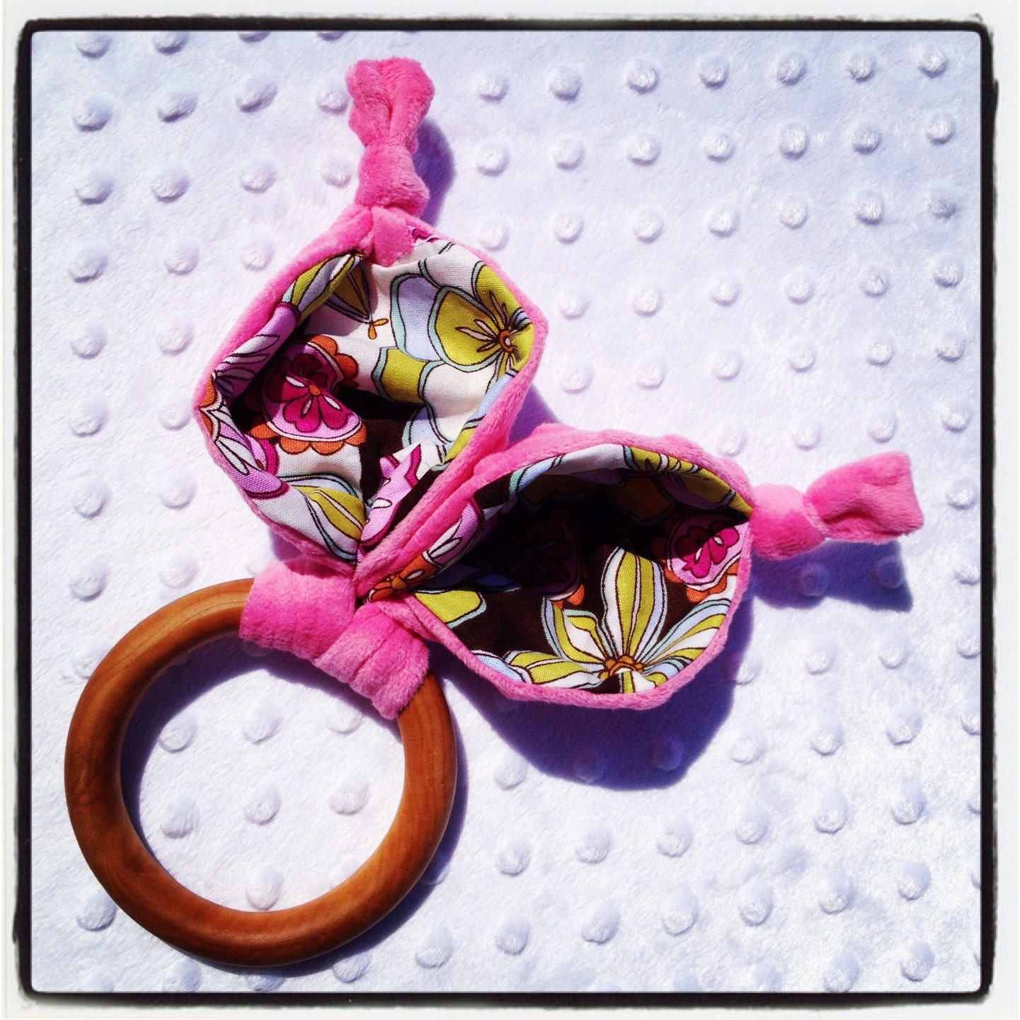Organic Baby Teething Ring Rabbit Bunny Ear Crinkle Toy
