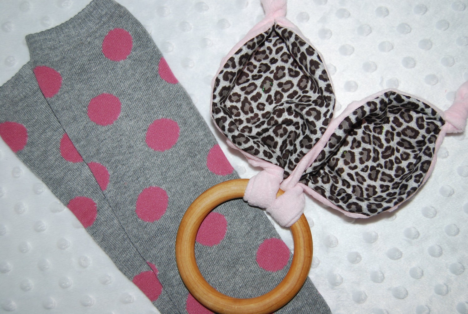 Natural Wood Teething Ring Crinkle Bunny Ears Toy with Pink and Grey Baby Leg Warmers