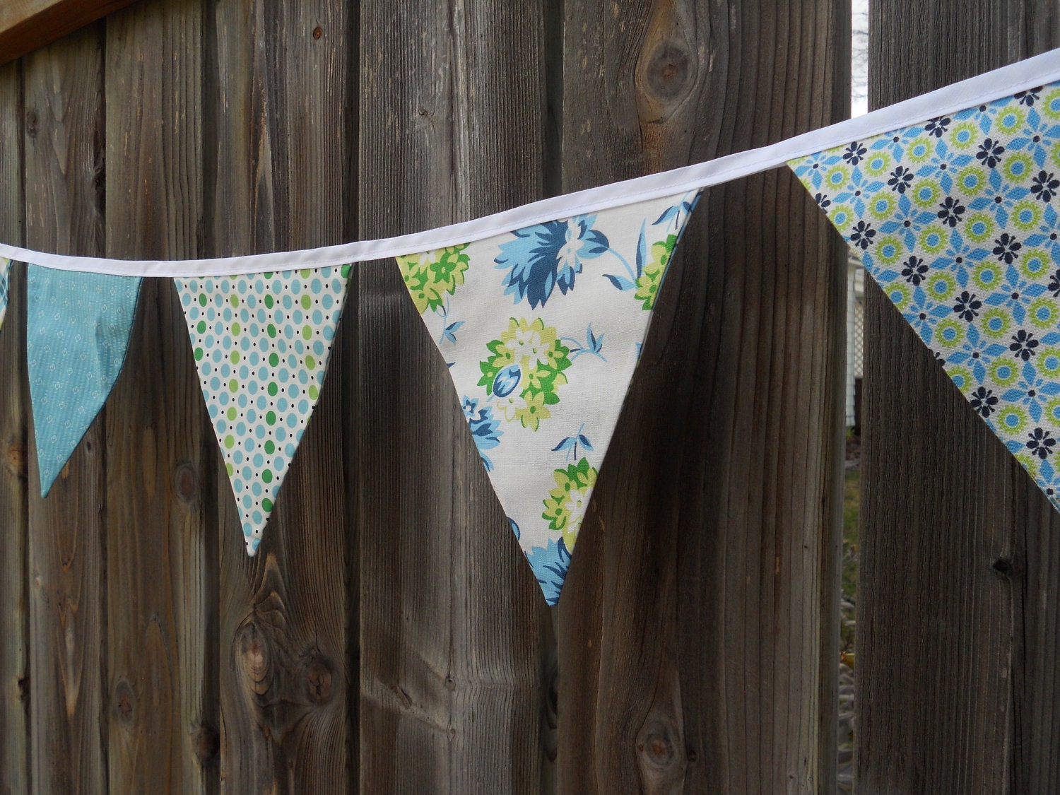 Spring Floral Fabric Party Pennant Banner - Blues & Greens - 8 Flags 9Ft.