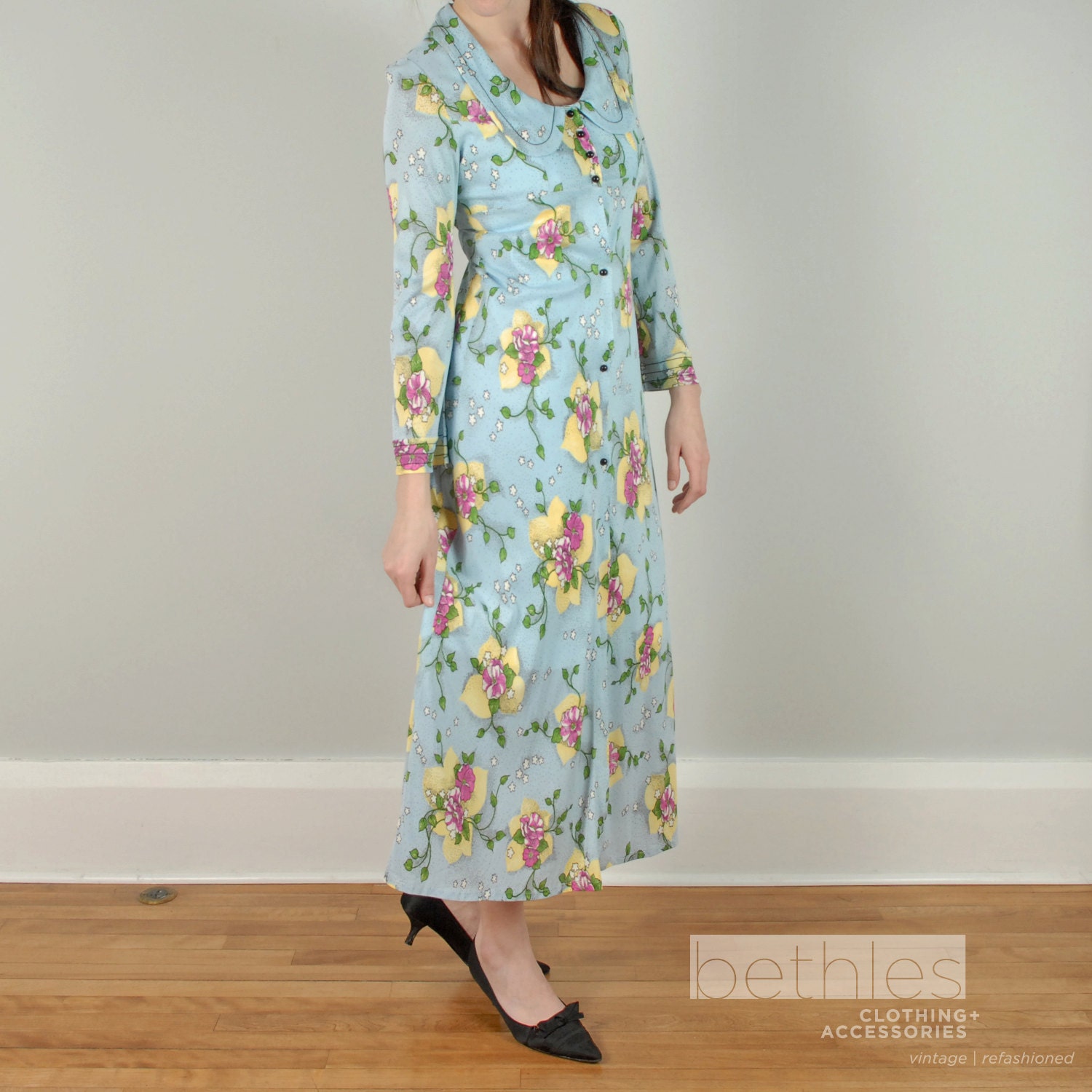 Maxi Dress Baby Blue Floral Print Long Dress Vintage 70s