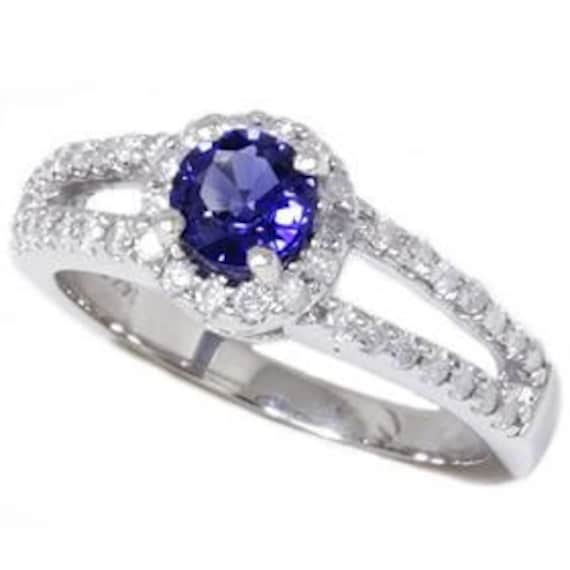 1.00CT Blue Sapphire Diamond Pave Halo Engagement Ring 14KW Size 7