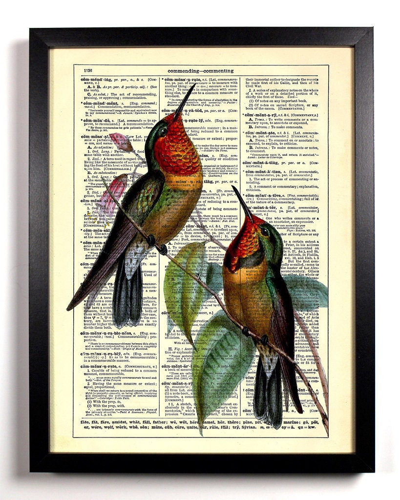 Two Hummingbirds Repurposed Book Upcycled Dictionary Art Vintage Book Print Recycled Vintage Dictionary Page Buy 2 Get 1 FREE