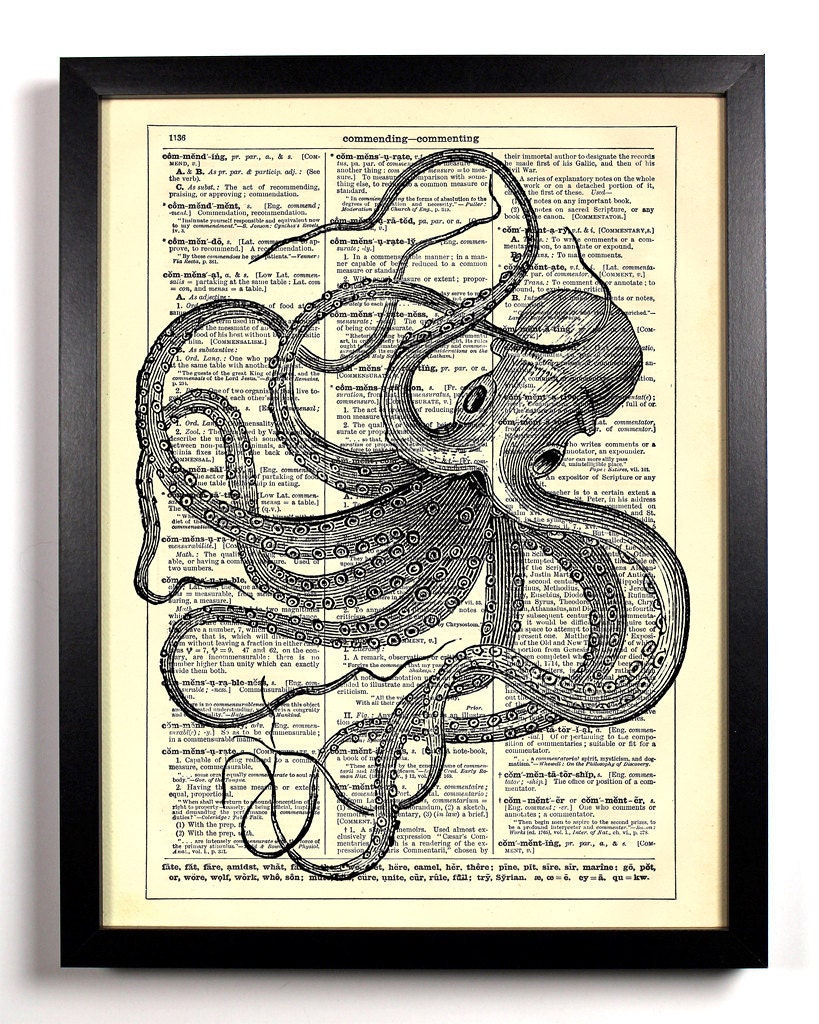 Repurposed Book Upcycled Dictionary Art Vintage Book Print Recycled Vintage Dictionary Page Stretch Out Octopus Buy 2 Get 1 FREE