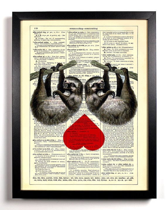 Repurposed Book Upcycled Dictionary Art Vintage Book Print Recycled Vintage Dictionary Page Sloth Love Buy 2 Get 1 FREE
