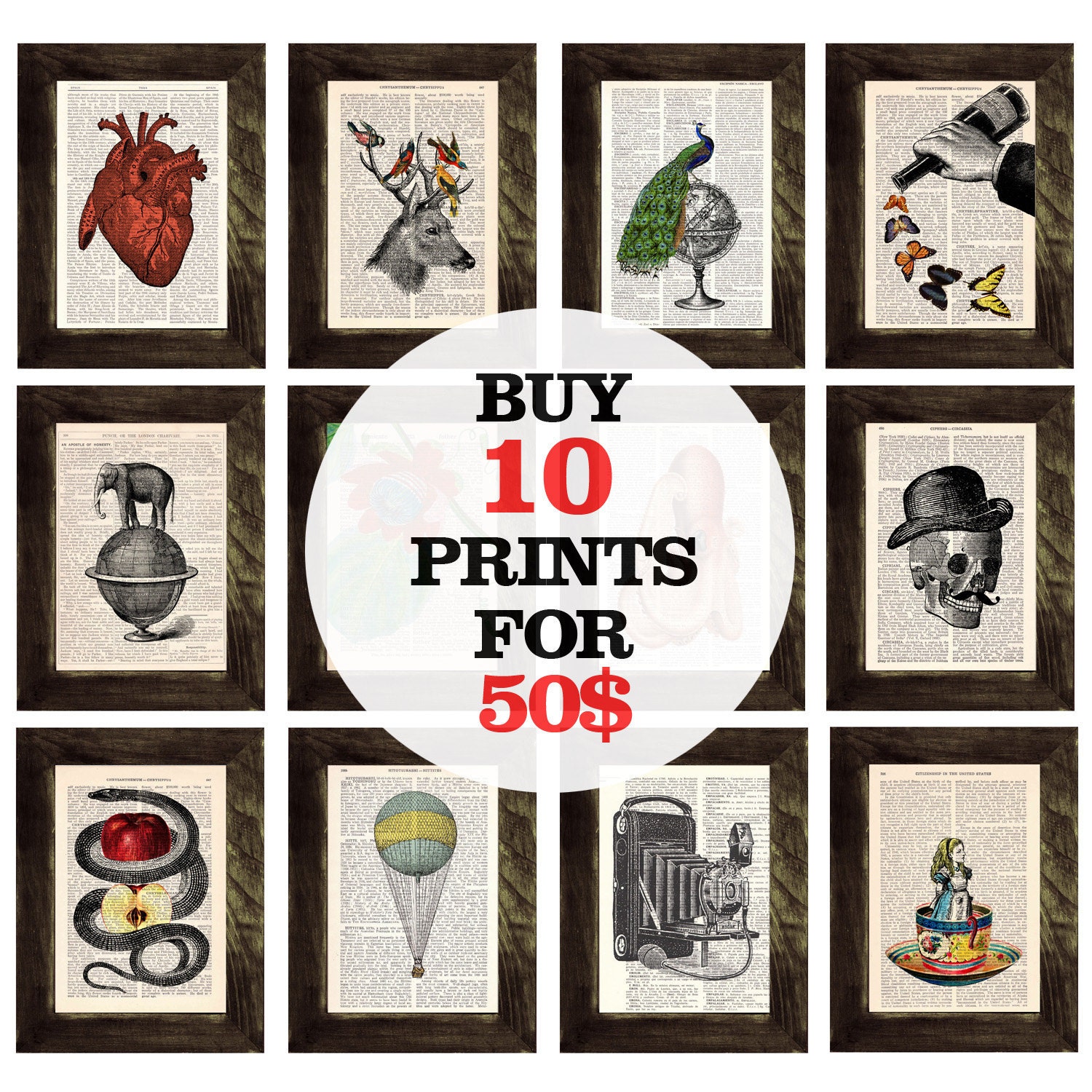 Book prints SALE Get Ten book  prints for ONLY fifty dollars  Book  Prints on Vintage Encyclopedic Dictionary Book altered art