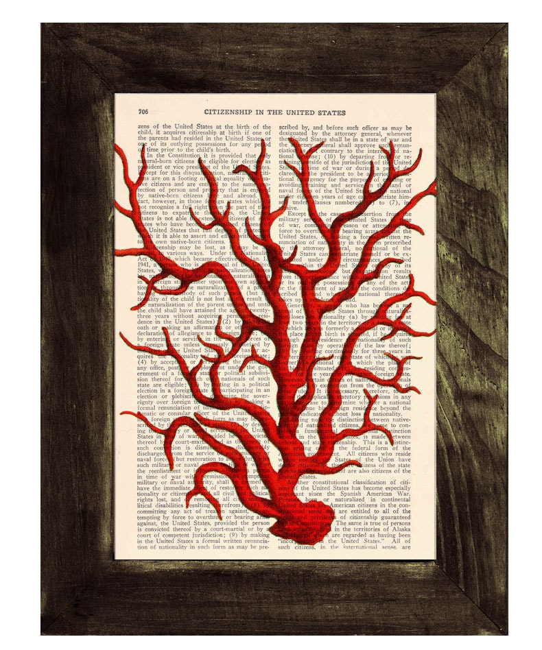 Coral Vintage Book Print Dictionary or Encyclopedia Page Print- Book print Red Coral I ilustration Print on Vintage Dictionary Book art