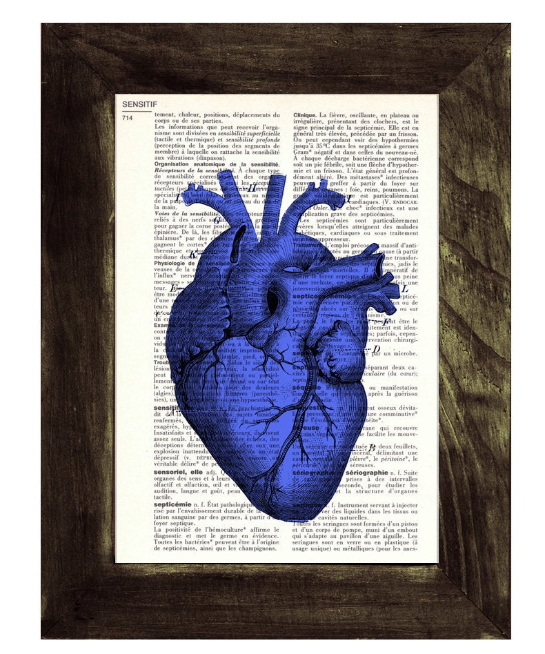 Upcycled Dictionary Book Art Print Human Blue Heart  Print