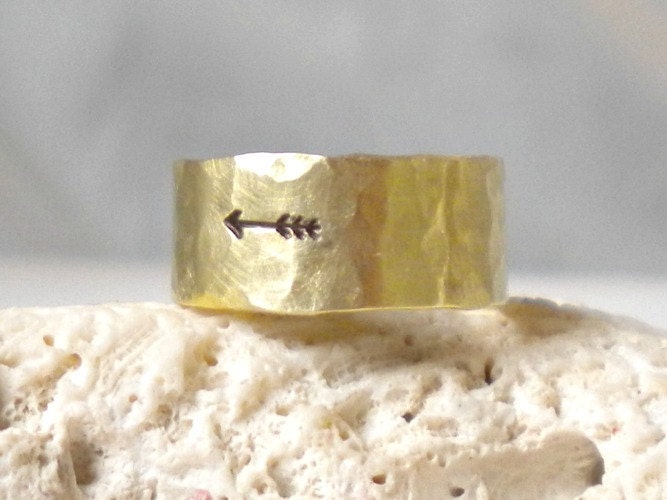 Mens Arrow Ring- Hammered Gold Brass Band Ring