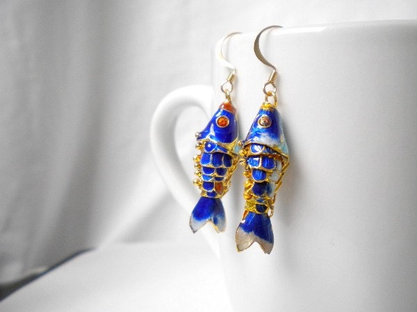 ON SALE-Fish Earrings Cloisonne Navy Blue Koi Enamel