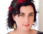 Linna--Red leaf glittery Faux- Headband fascinator with peacock feather