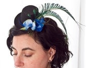 Selina--Steampunk 4" black mini top hat with peacock feathers and hydrangea blossoms hair fascinator