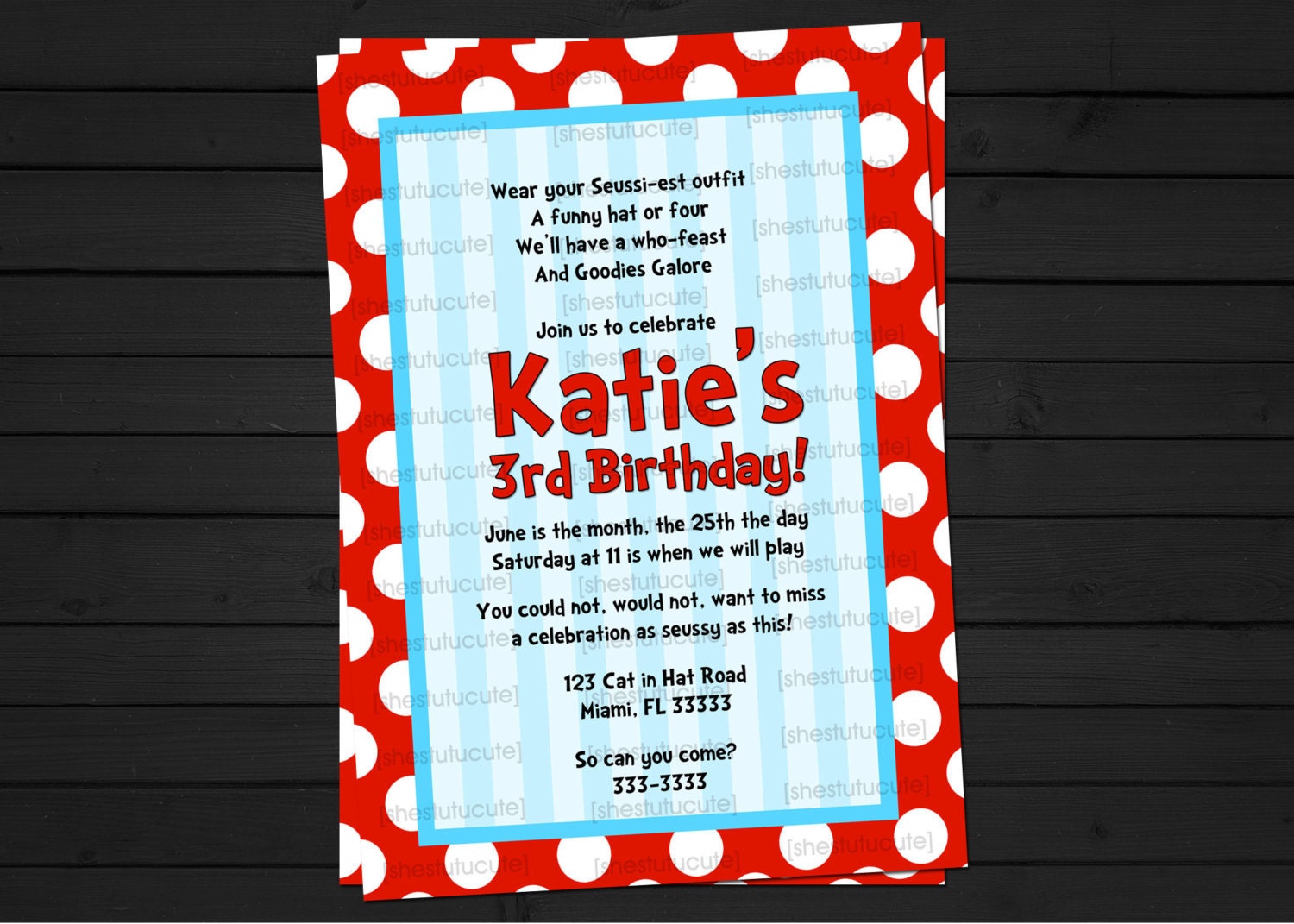 Seuss Inspired Birthday Invitation Digital File YOU-PRINT