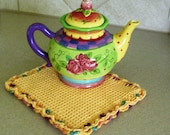 Tunisian Crochet Potholder -  Hot Pad  - Trivet in Yellow