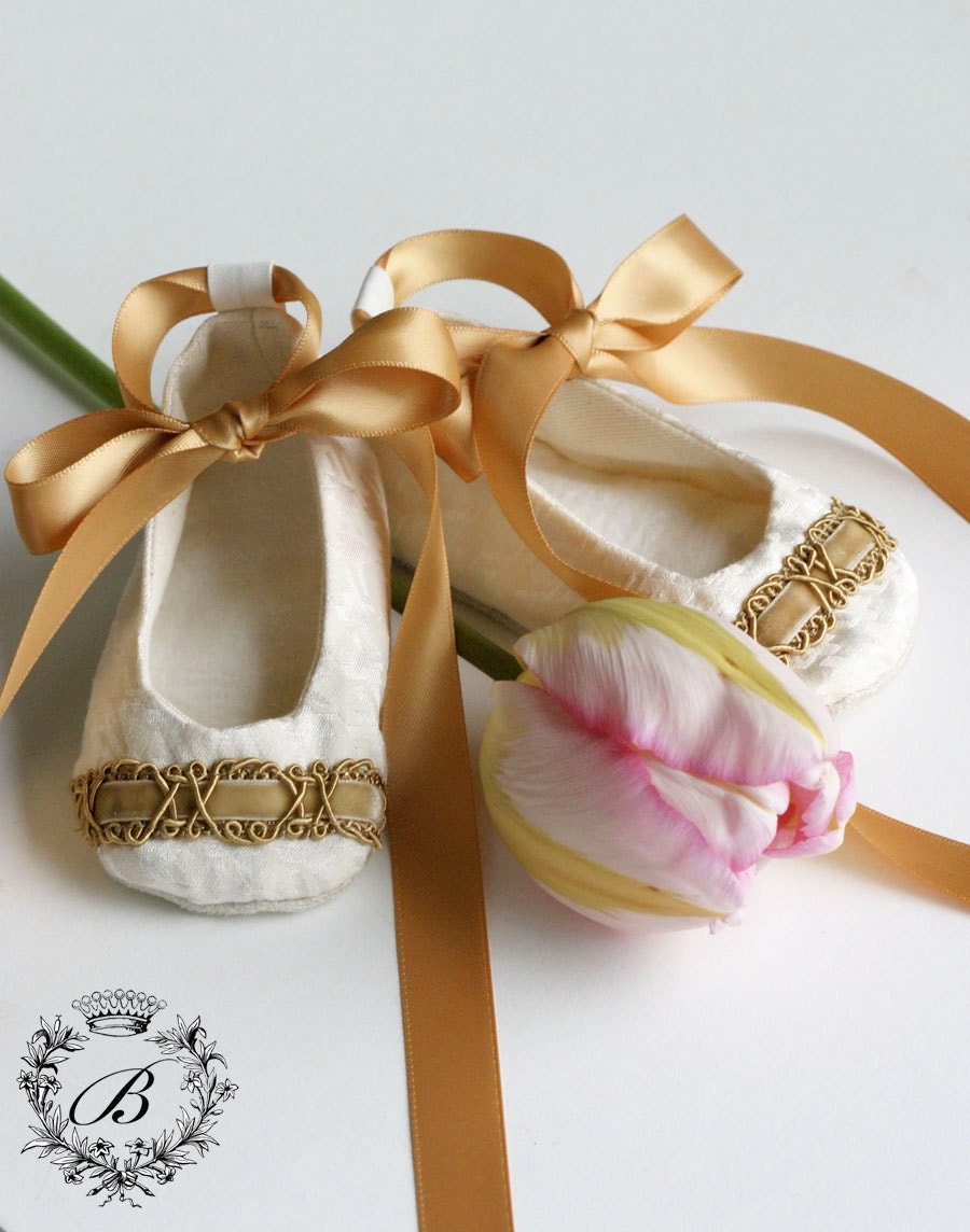 Baby Girl Shoes - Baby Ballet Slipper - Couture Baby Shoes - Christening - Oyster Brocade & Gold Trim - Baby Souls Baby Shoes
