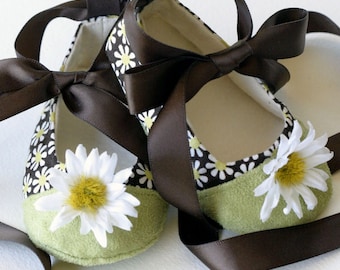 Baby Girls Shoes, Couture Ballet Flats - Spring Flowers - Daisy, Chartreuse Cap Toe, Toddler & Girls sizes too - Baby Souls Coco Series