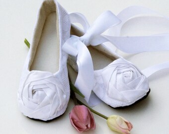 Flower Girl Shoes - Couture Ballet Slipper Toddler Shoe - White Lace on White Satin with Silk Rose - Baby sizes too - Baby Souls