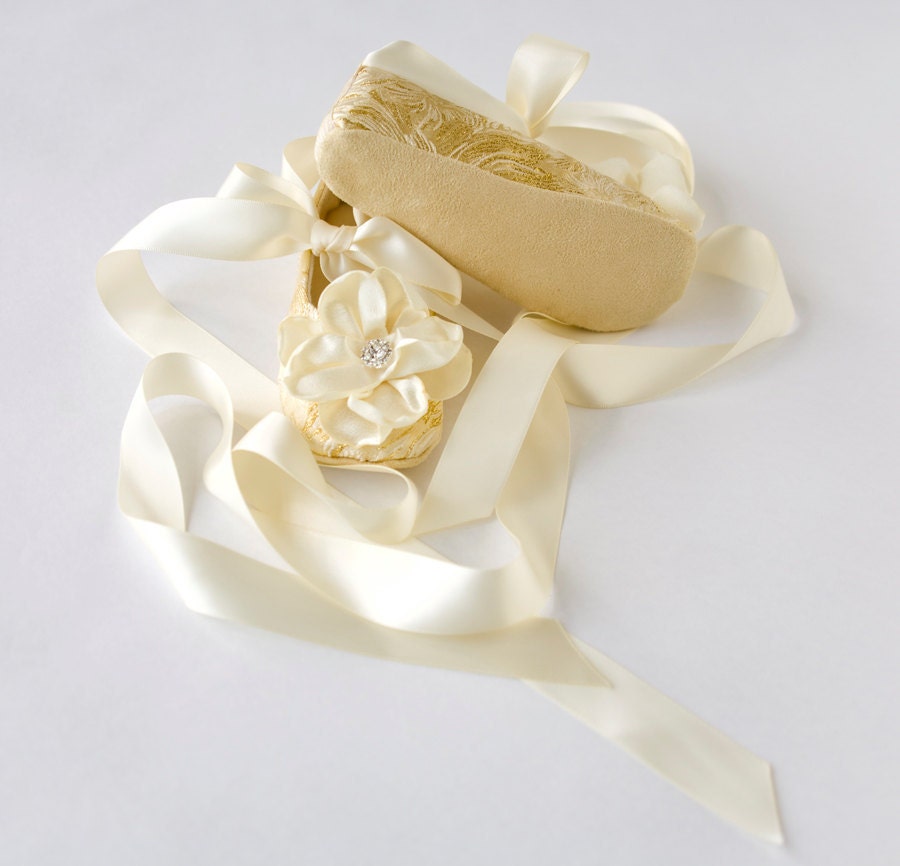 Wedding, Special Occasion, Toddler & Baby Shoes - Flower Girl - Couture Gold Brocade, Magnolia Flower Ballet Slipper - Baby Souls