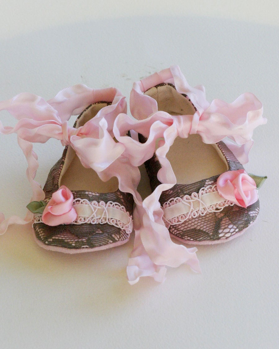 Baby Girl Shoes, Mocha Lace over Pink Satin with Rose Buds, Baby Souls Couture Baby Shoes - Petit Four Collection, Toddler sizes too