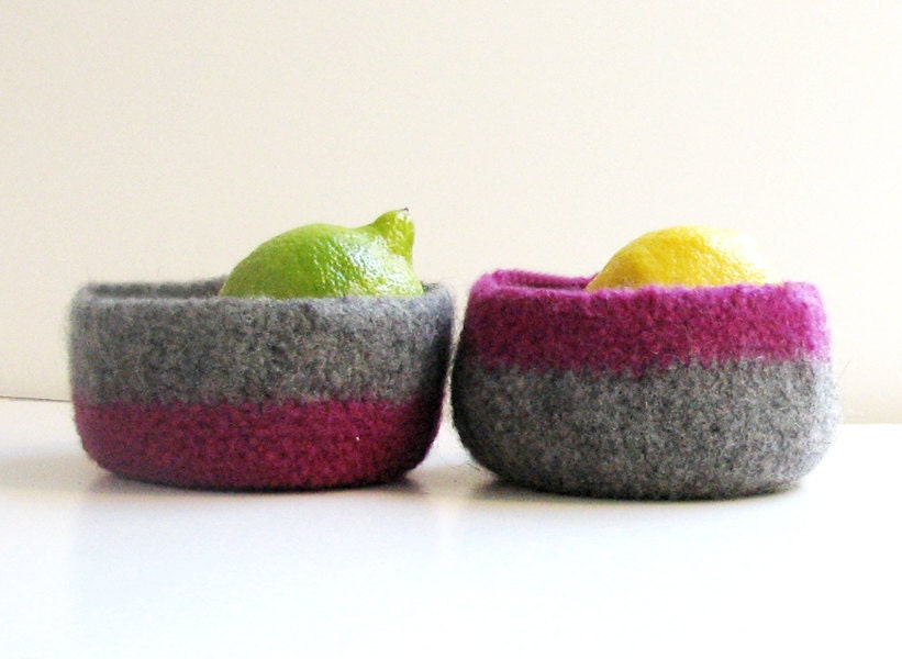 Stripe Felted bowl - eco-friendly Organic  - Purple and grey  - Set of two