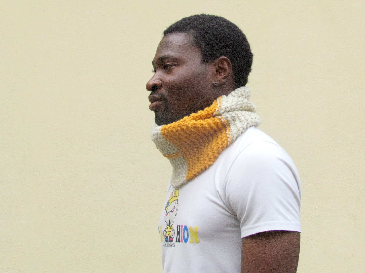 Knitted Cowl scarf - oatmeal and mustard - Block color - unisex men women - Coupon "SPECIAL" - 15% OFF