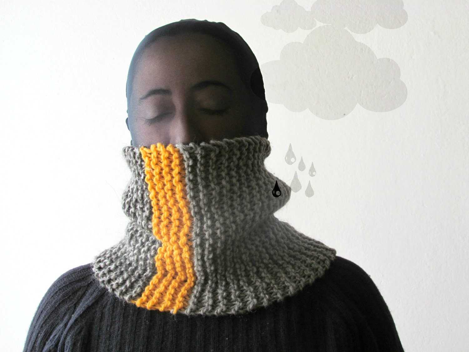 Cowl scarf Grey mustard  / gift unisex block color yellow stripe / knitted handmade fashion / man woman - Coupon "SPECIAL" - 15% OFF