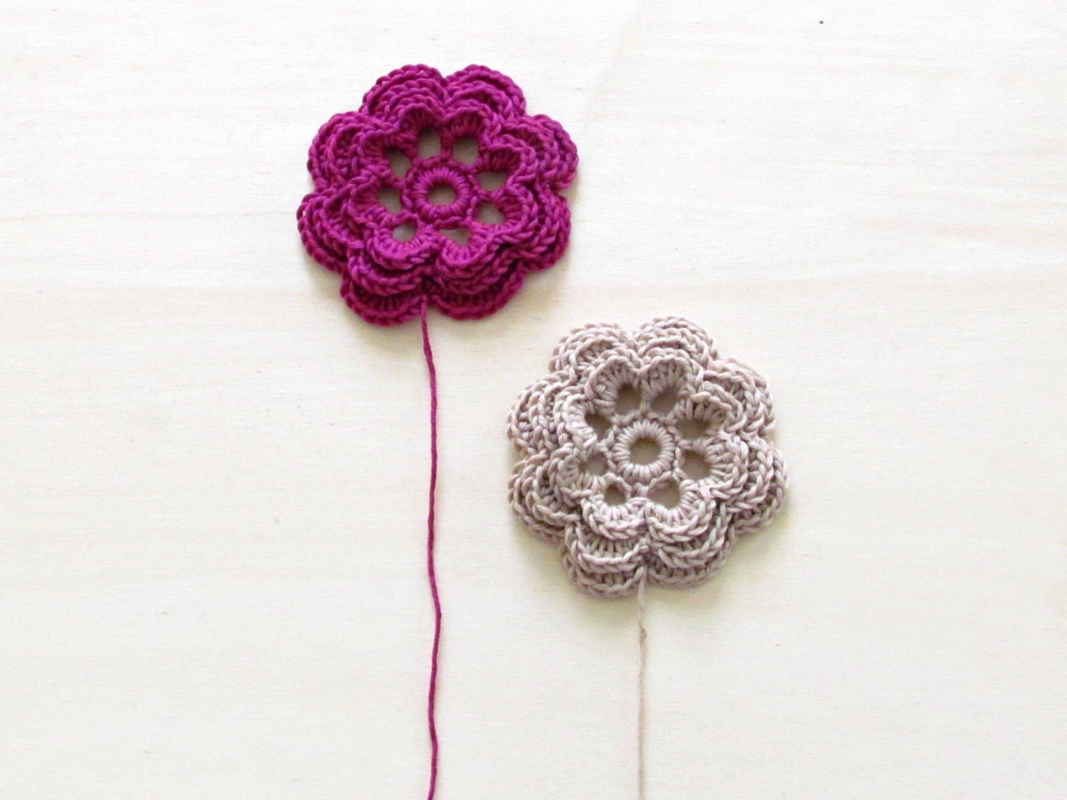 Valentine Crochet flowers / garland or embellishment / cream and purple / set of two