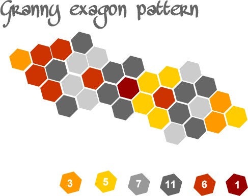 Granny centerpiece 70's northern europe design inspired hexagon - Wool - Bright colors geometric- White Yellow Orange Burgundy Grey