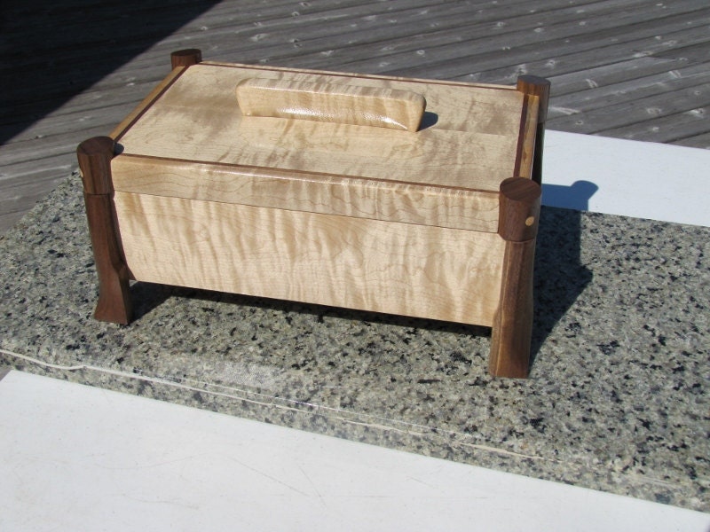 Wooden jewelry stash box book matched tiger maple and black walnut keepsake