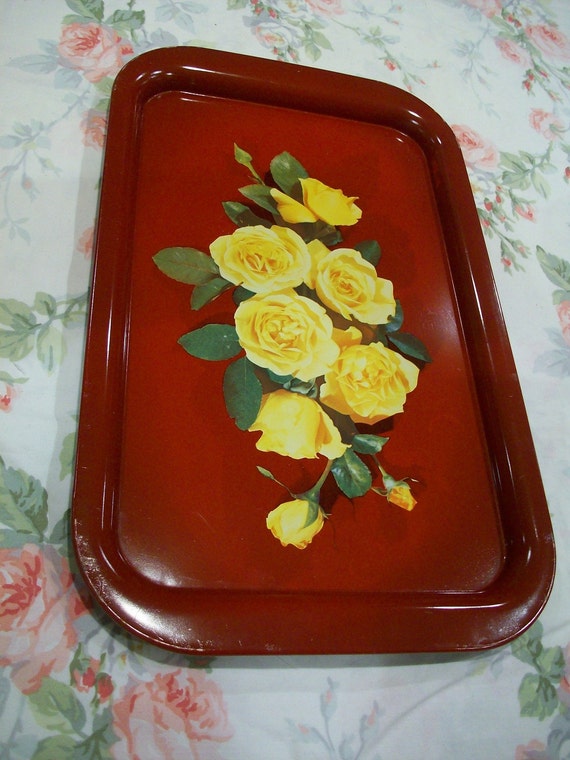 Vintage Red Litho Metal Tole Tray Yellow Roses 9x14