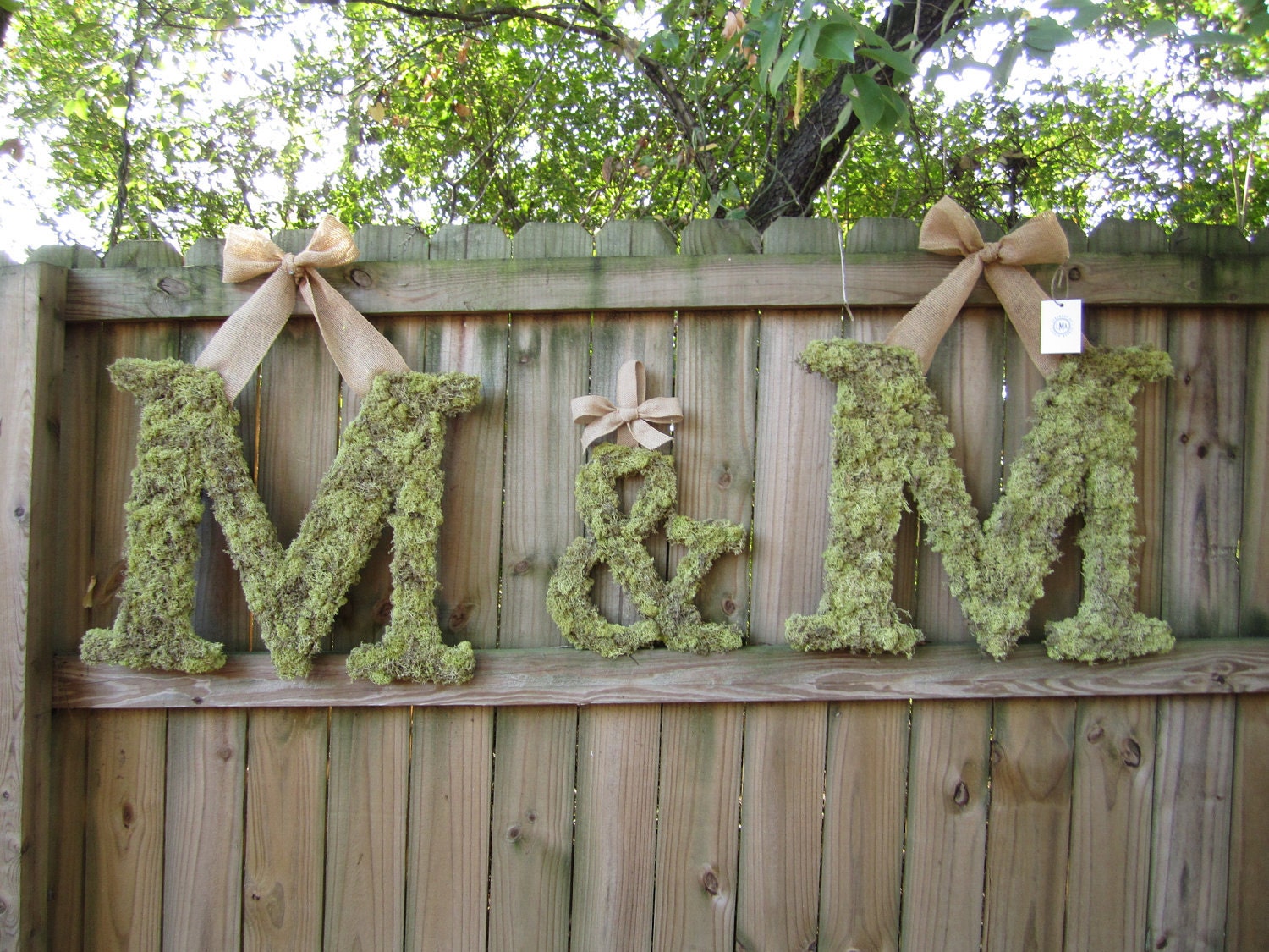Set of two 24 inch moss covered wedding monogram letters and 12 inch ampersand