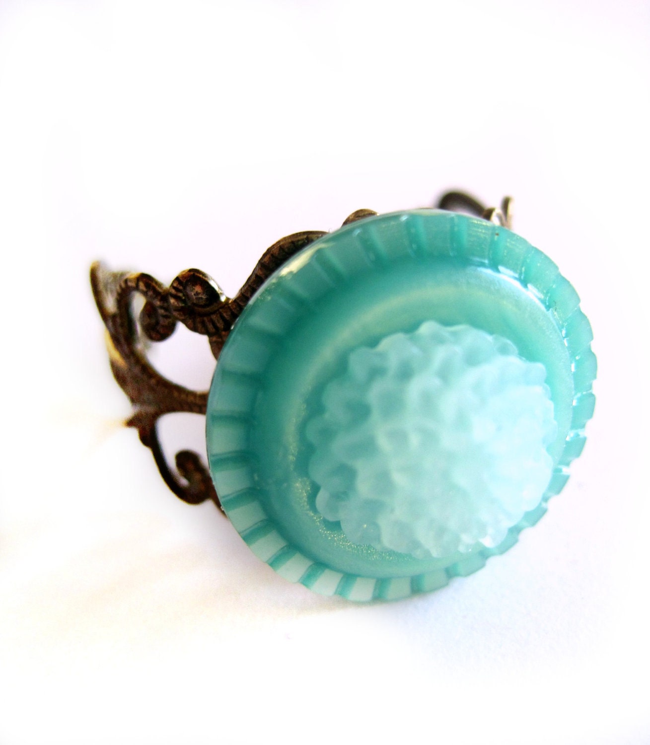 Turquoise ring - Aqua, blue, green - Vintage button ring, button jewelry, Flower ring, chrysanthemum cabochon - filigree, brass band