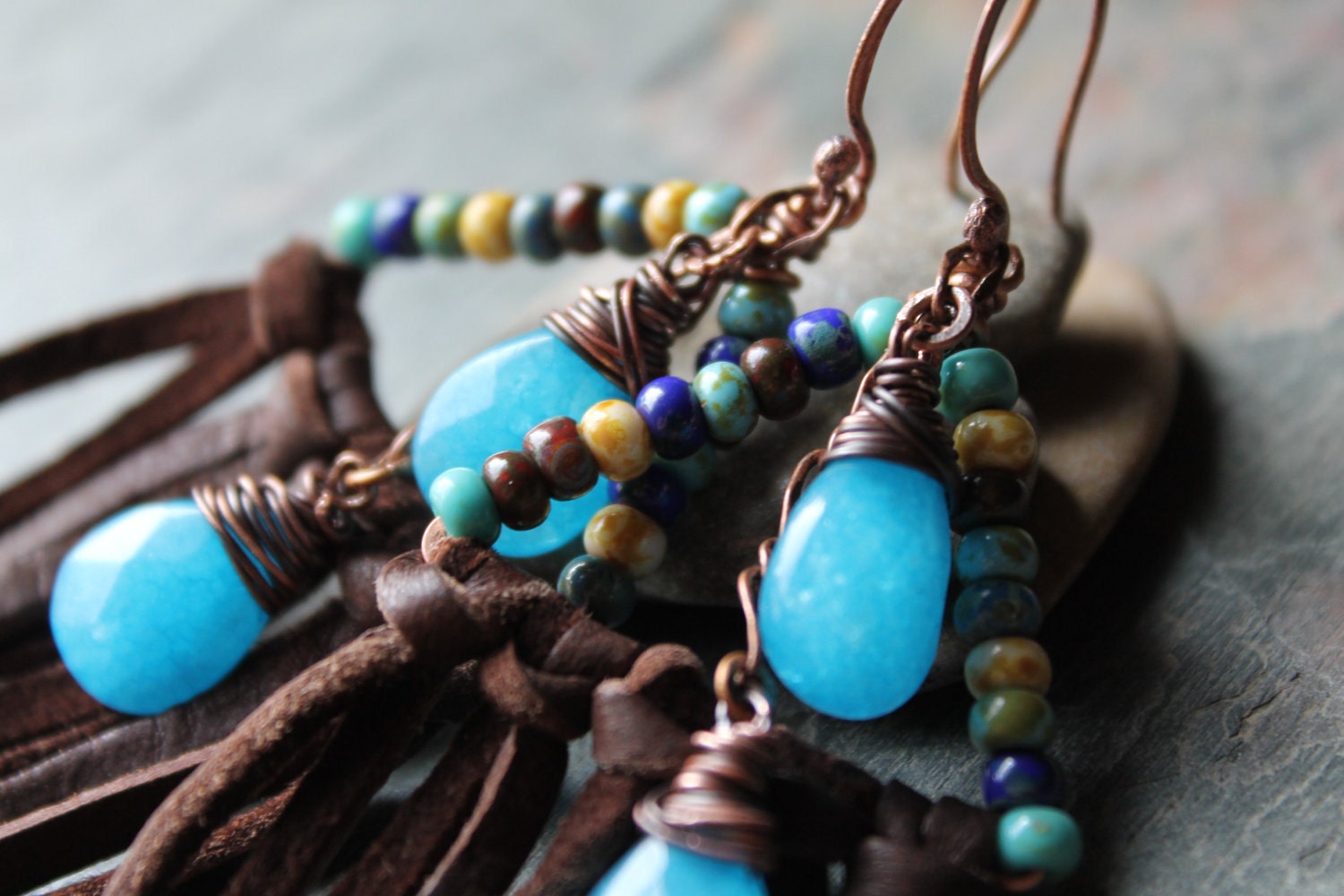 RAIN DANCE, Leather fringe earrings, picasso beads, blue jade drops, copper