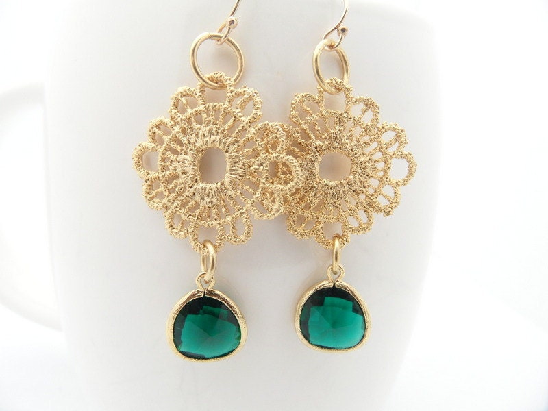 Emerald Green Dangle Earrings, Glass Teardrop, Lace Floral, Wedding Bridal, Women Jewelry