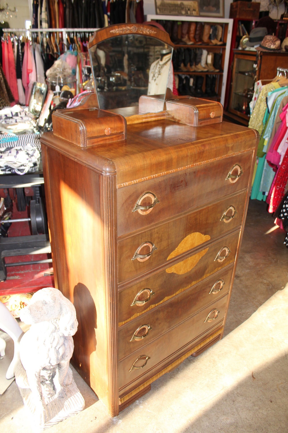 Rare Art Deco Classic Highboy with Vanity Mirror, Keepsake Storage Topper and Bakelite Pulls