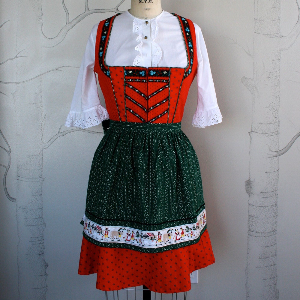 1960 Dirndl Dress German Apron Blouse Corset / Red White Green / Cotton Eyelet / Large - Gerda