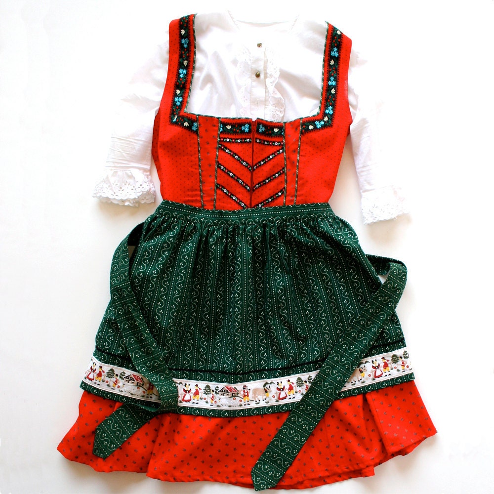 1960 Dirndl Dress German Apron Blouse Corset / Red White Green / Cotton Eyelet / Large - Gerda