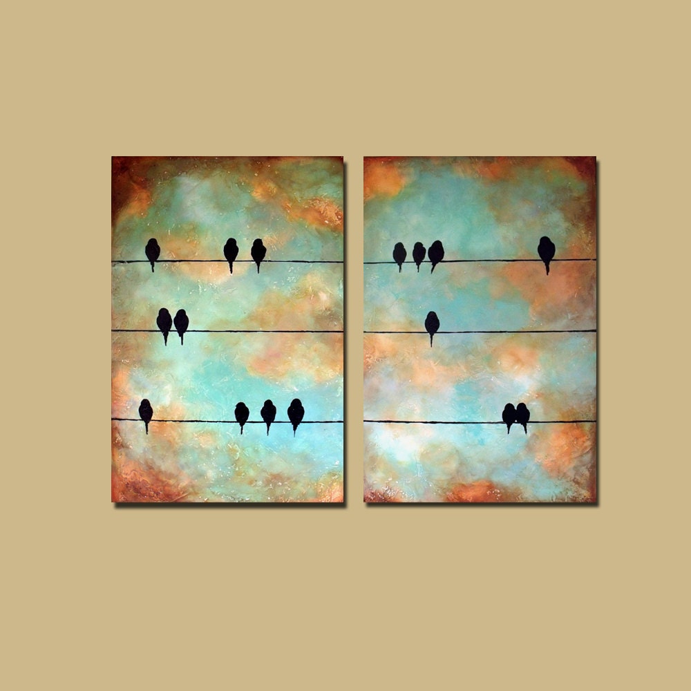 Very Large Birds on a Wire Painting Set.....4 feet x 3 feet....Wall Art for Livingrooms