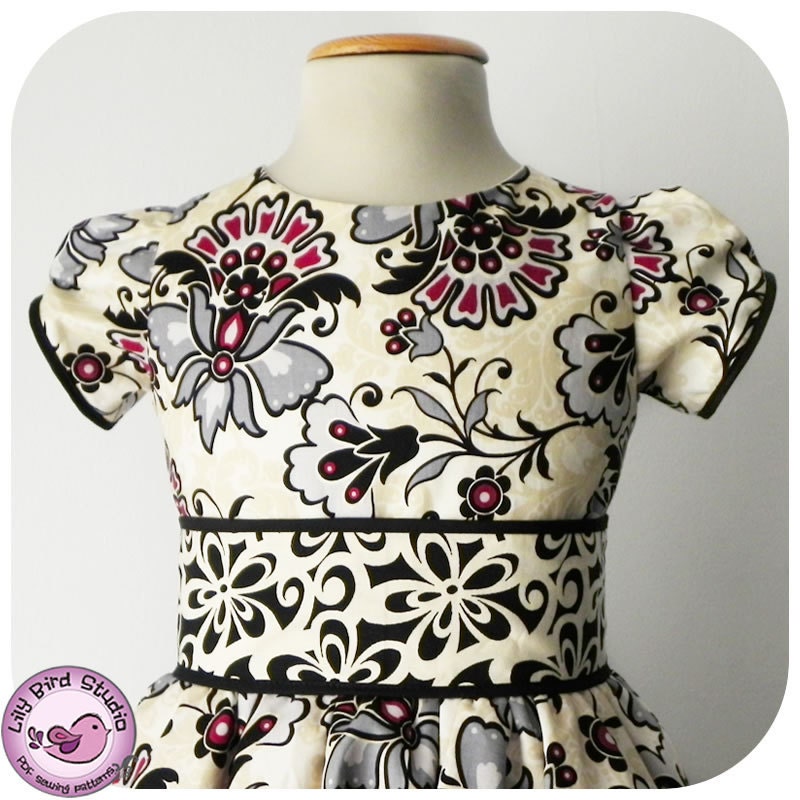 Lily Bird Studio PDF Sewing Pattern - Amanda's Dress - 1 to 10 years - circle skirt, classic bodice, puffy sleeves, wide sash